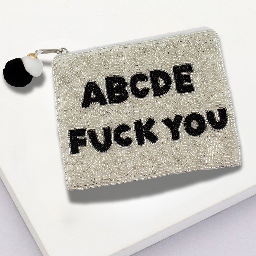 Alphabet Insult ABCDEFCKU Sparkle Beaded Silver Coin CC Makeup Money Pouch NEW